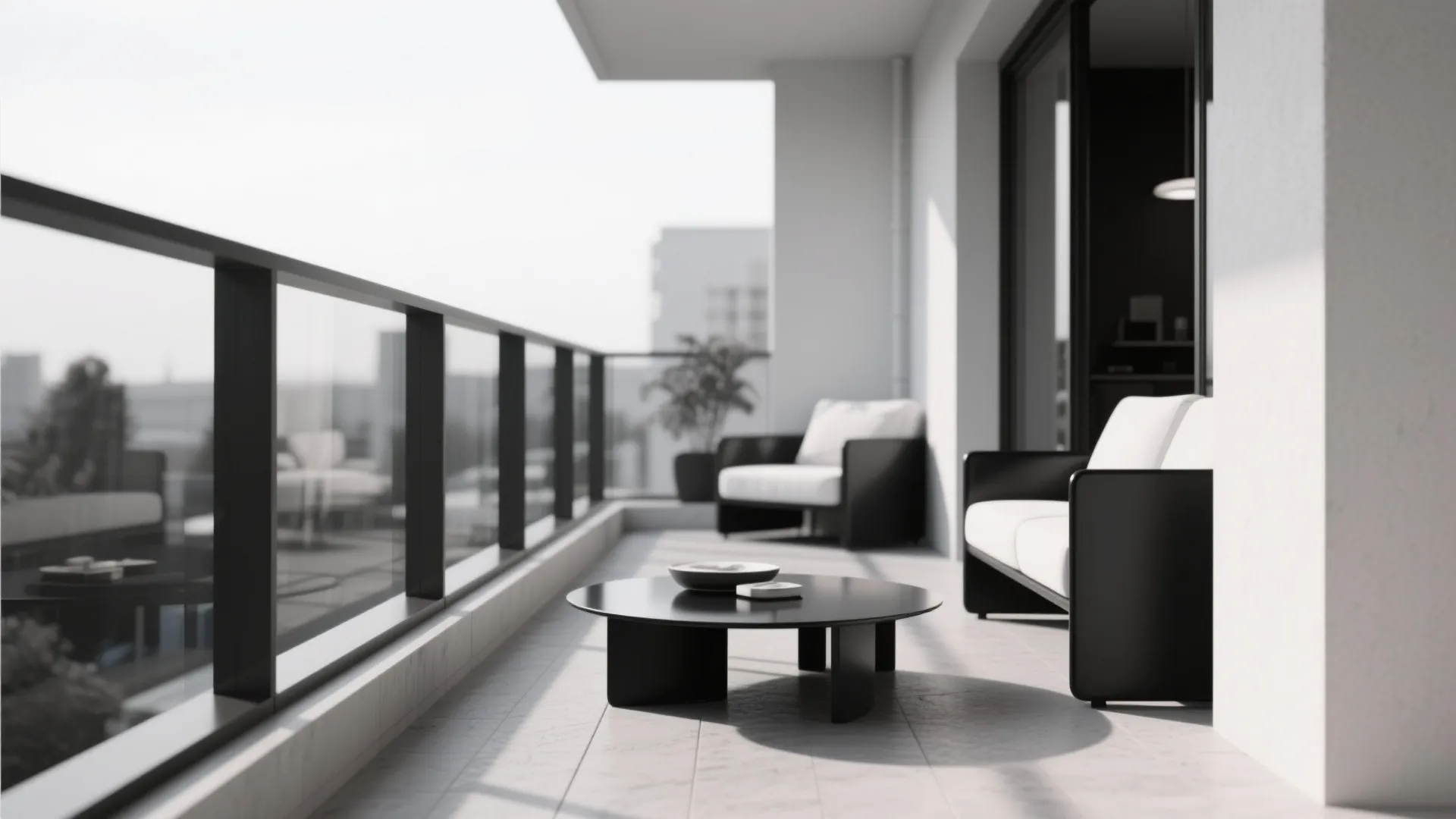 Modern monochrome balcony with black and white sofas a round coffee table and glass railing system