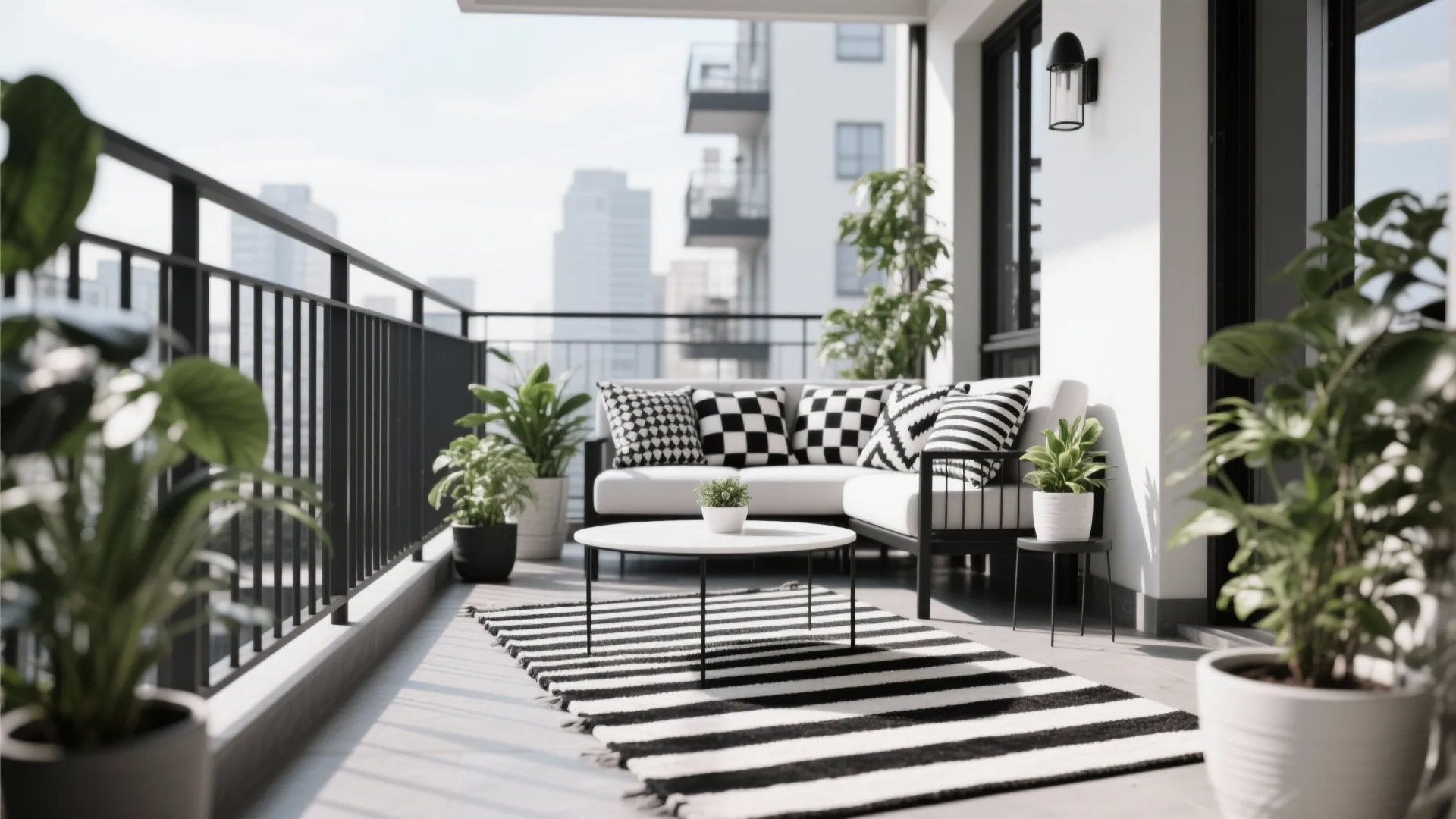 Modern balcony with black and white sofa, striped rug, coffee table, and many green plants