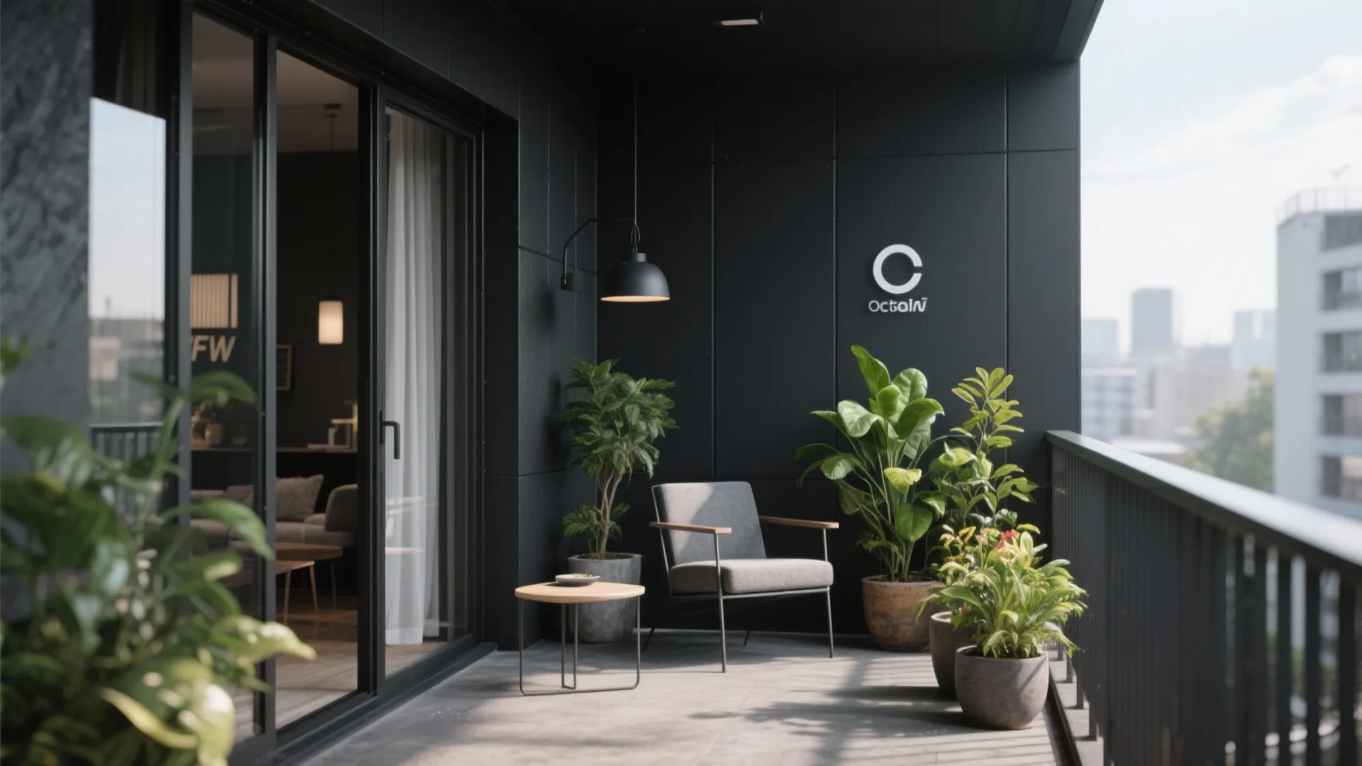 Modern black balcony with grey chair small round table black wall light and green potted plants
