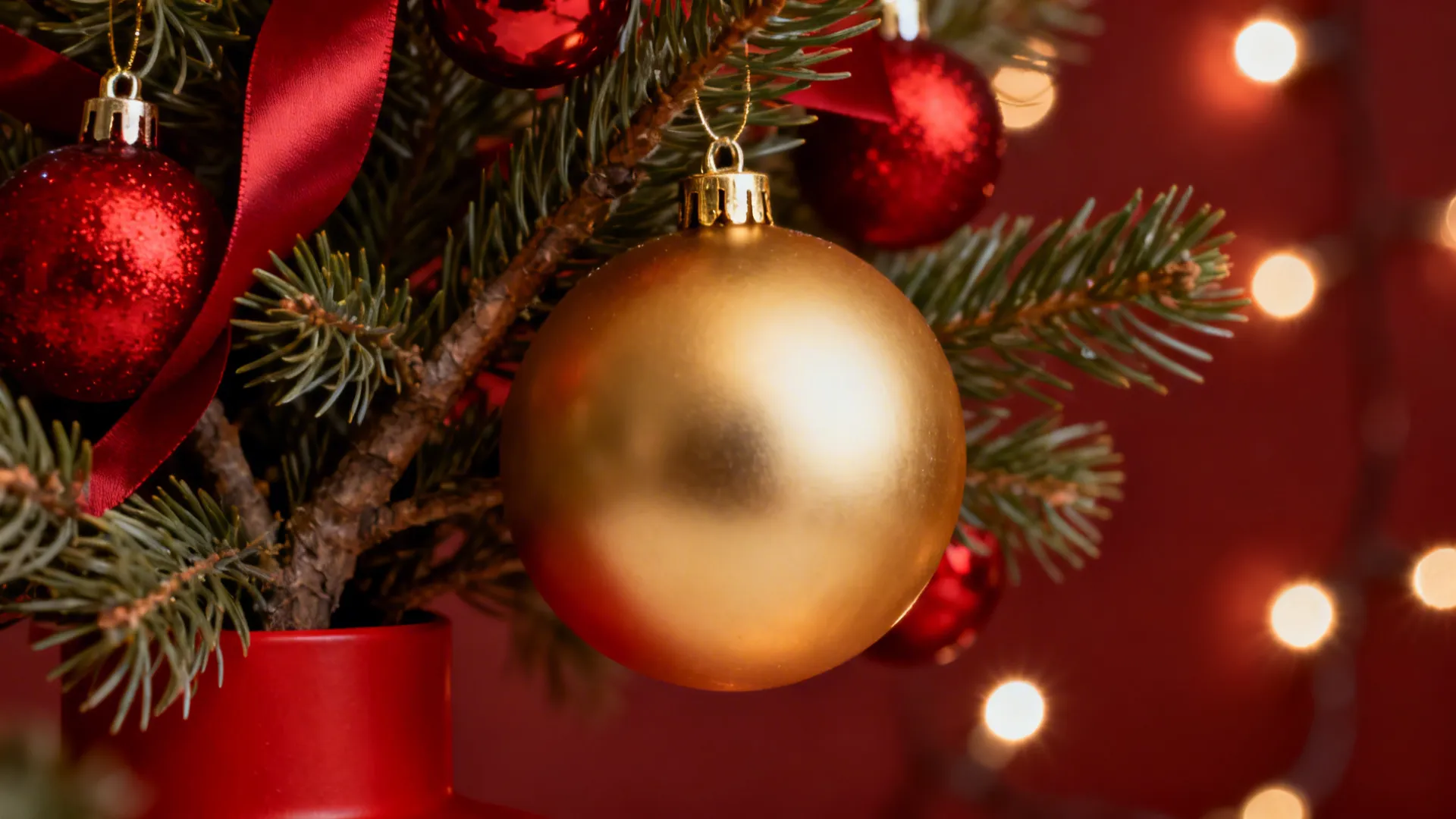 Macro view of matte red baubles and a large gold ornament on a Christmas tree with warm LED lights.