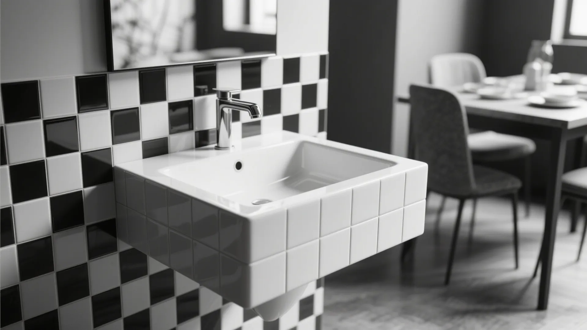 Black and white geometric tiles for a dining room basin