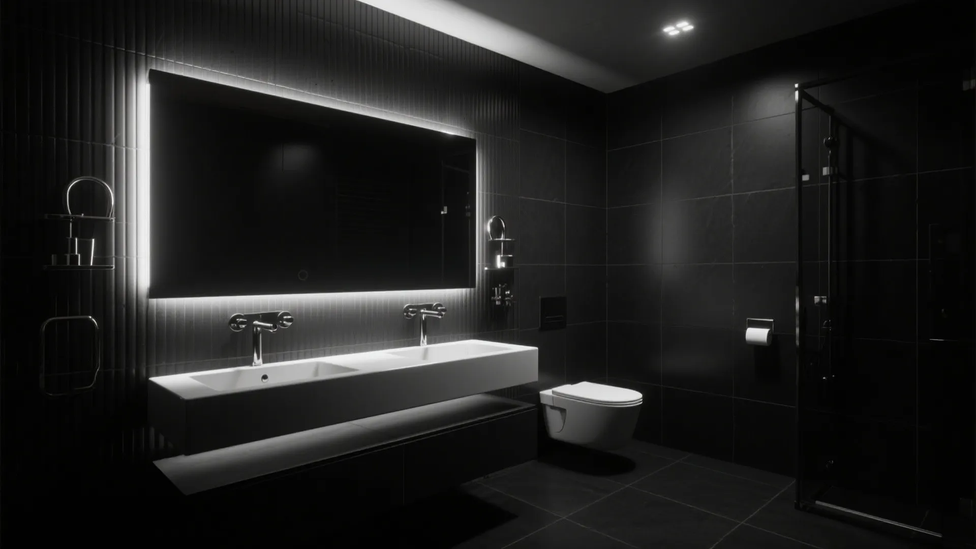 Modern black bathroom with glowing mirror double sinks white wall toilet and a glass shower