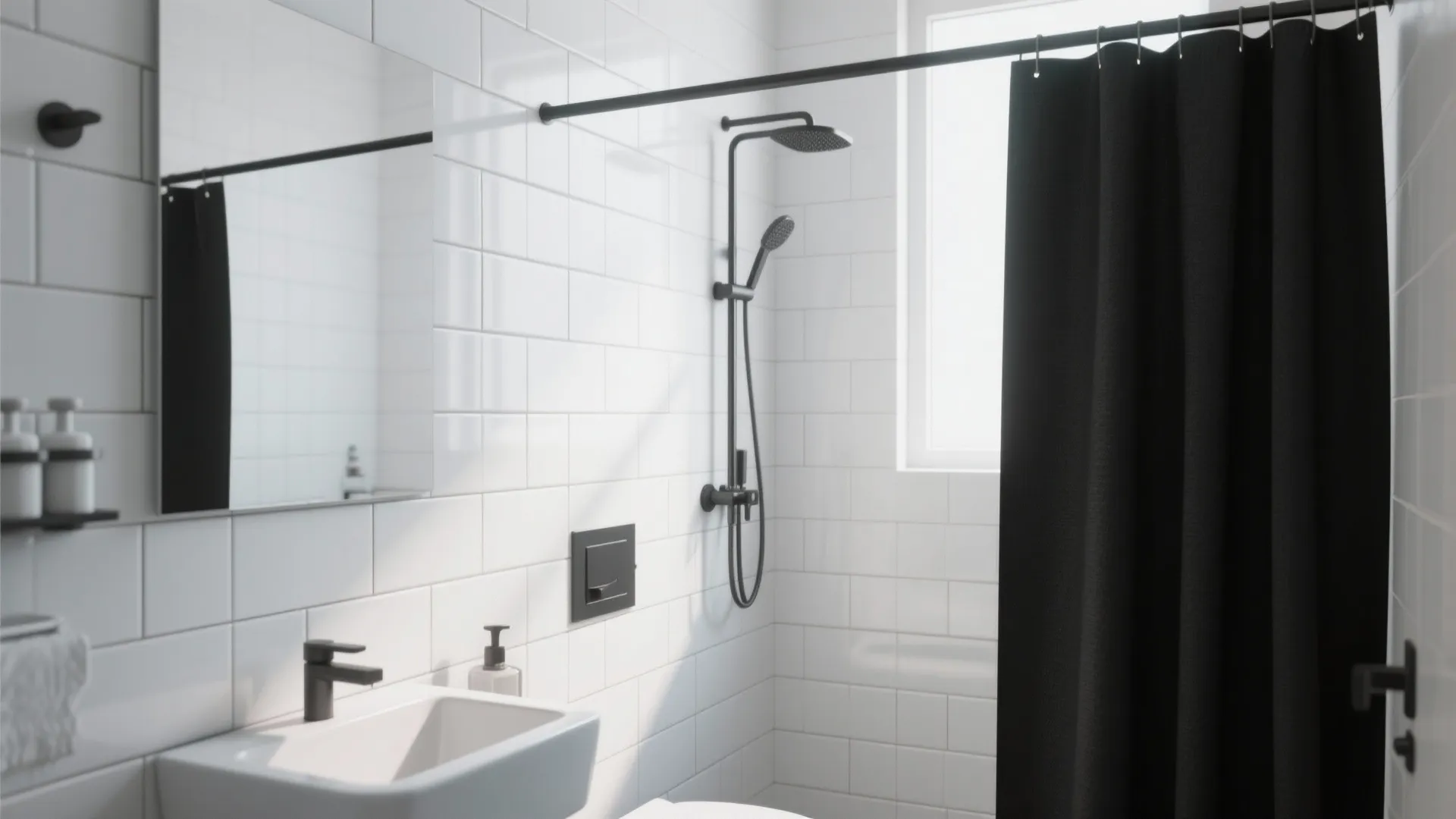 Bright white bathroom with black shower head, dark curtain, rectangular mirror, and a small sink