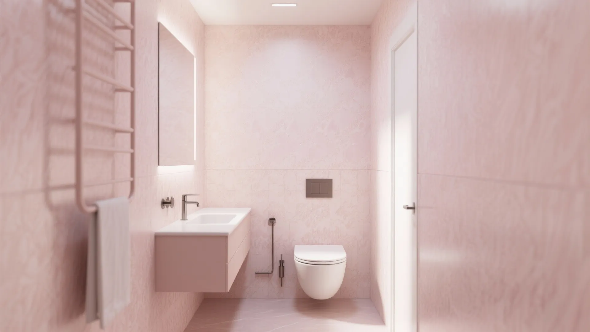 Minimalist pink bathroom design with wall hung toilet vanity mirror towel rack and warm recessed lighting