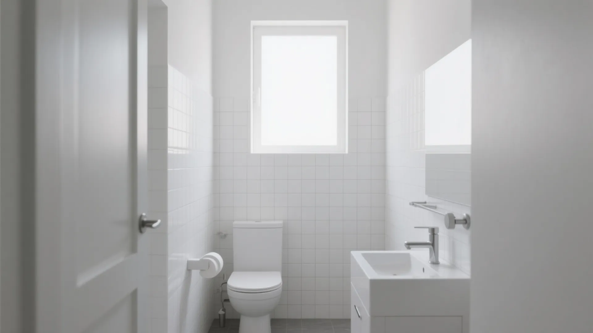 Minimalist white bathroom with square wall tiles a small window toilet sink and white cabinet