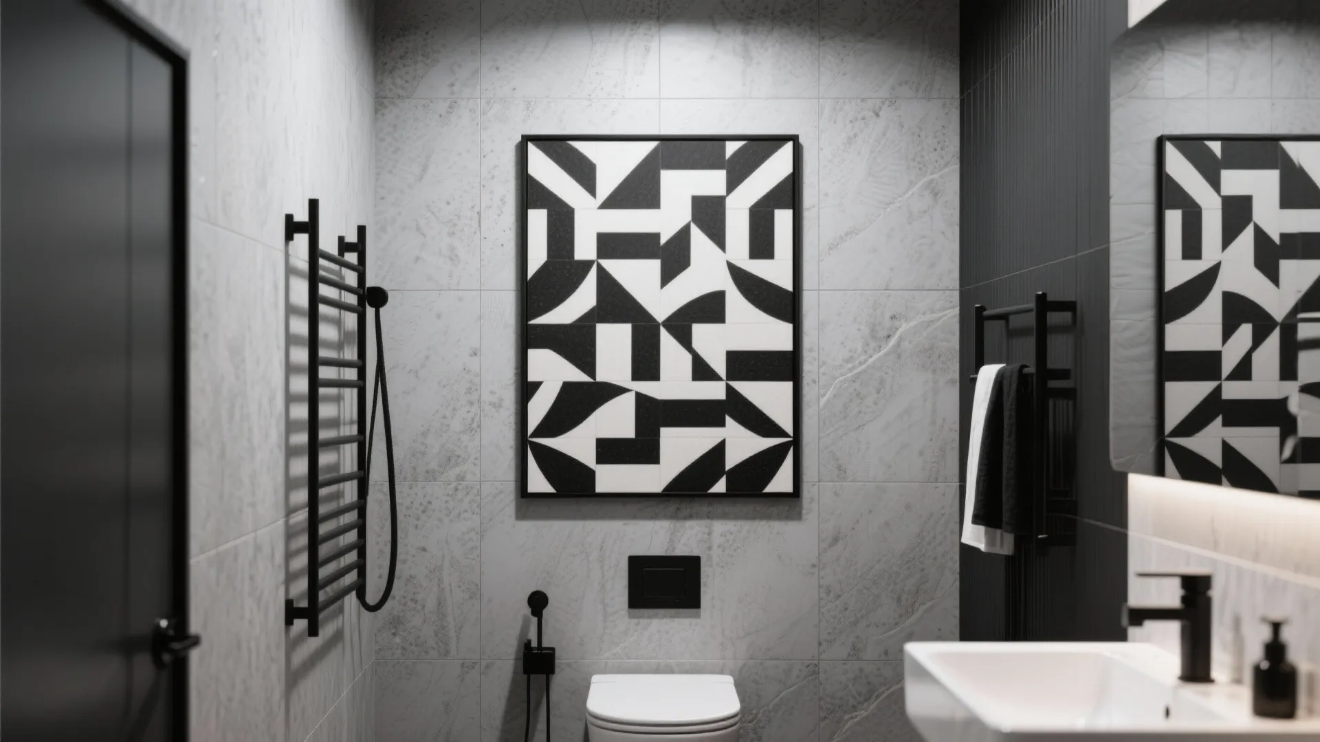 Modern black and white bathroom featuring geometric wall art above a toilet with grey tiles