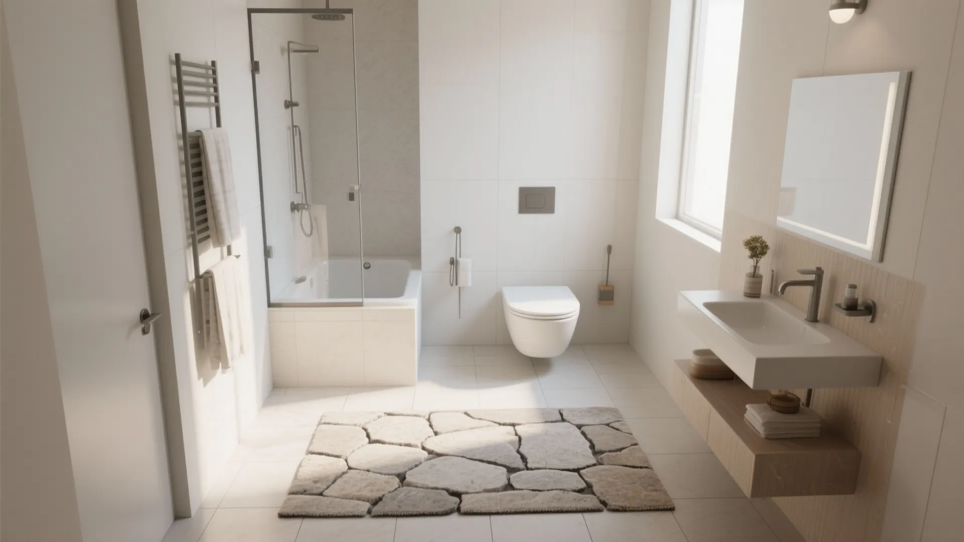 Bright bathroom featuring stone pattern rug with bathtub shower sink and white toilet in natural light