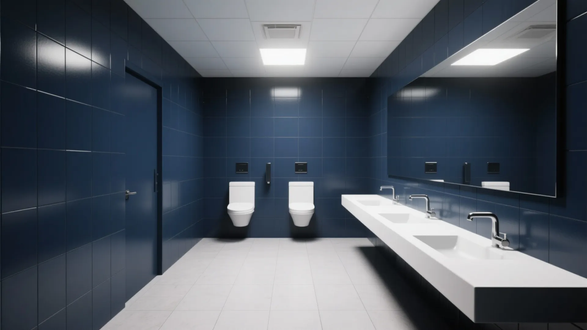 Dark blue commercial bathroom with two white toilets, long white sink counter and large mirror