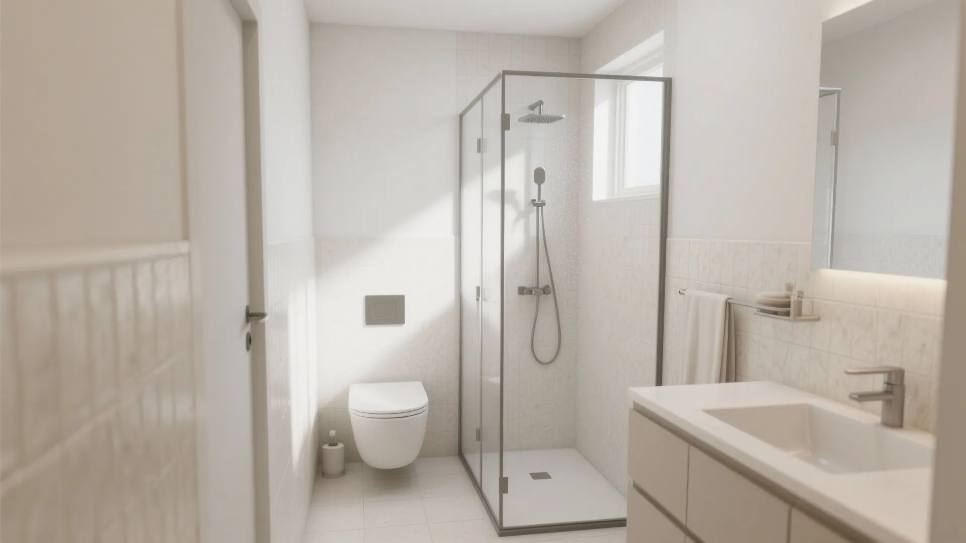 Modern beige bathroom featuring glass shower stall, wall toilet, white sink vanity, and large mirror