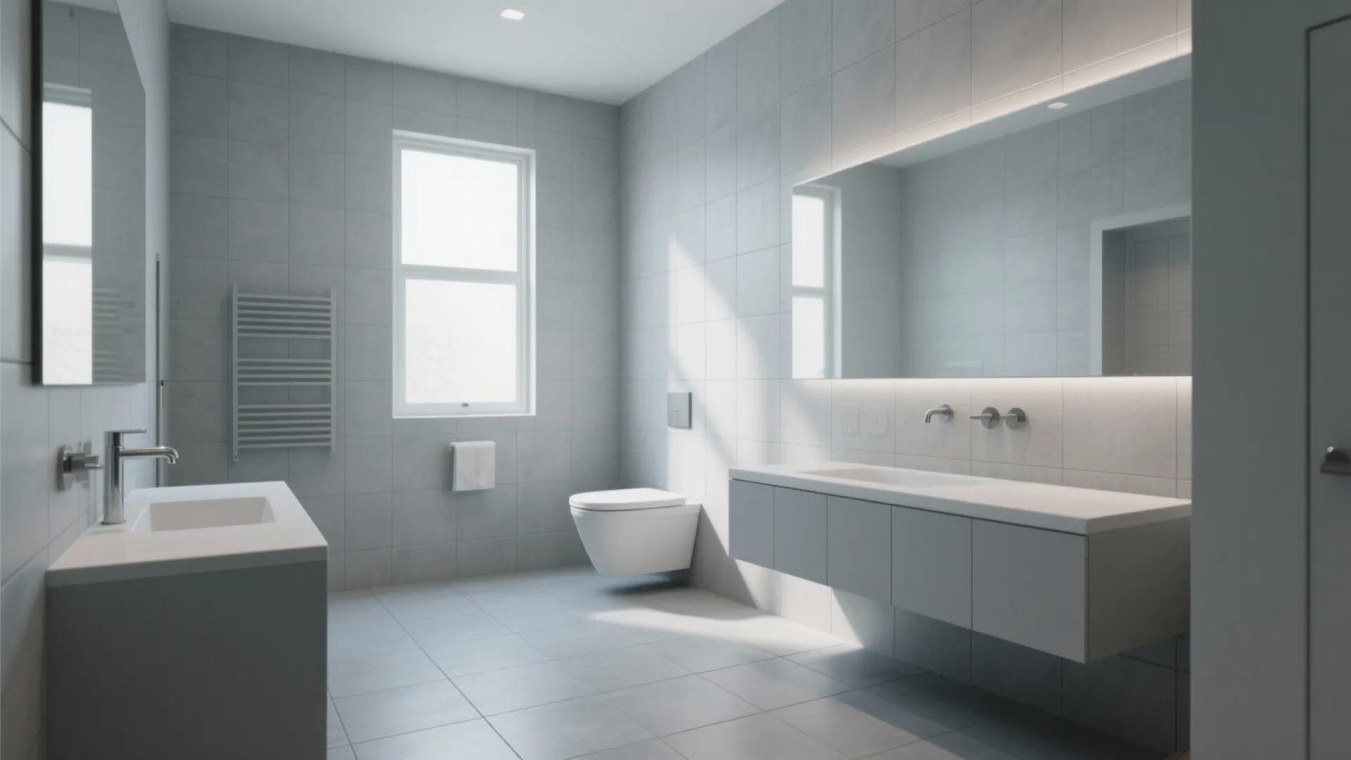 Modern grey bathroom with white floating cabinet large wall mirror toilet towel rack and bright window