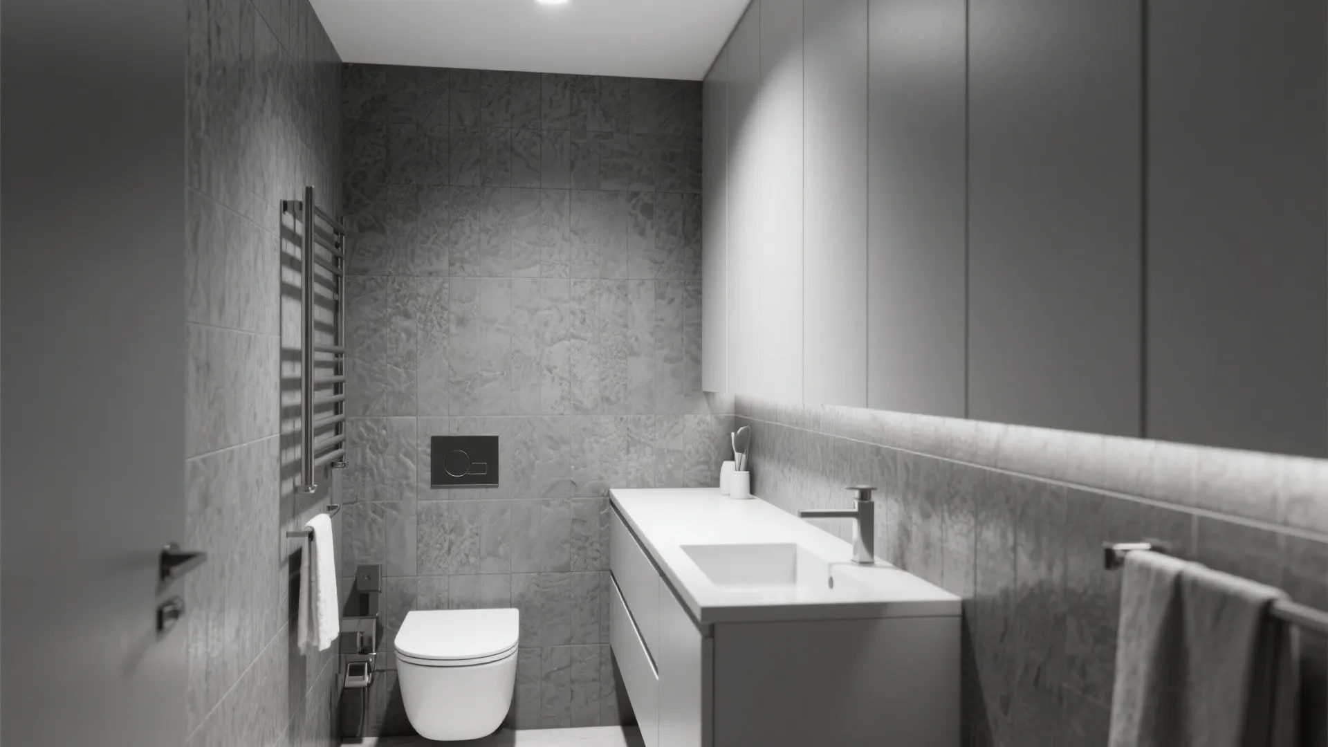 Grey monochrome bathroom with a wall hung toilet long white cabinet and a large mirror