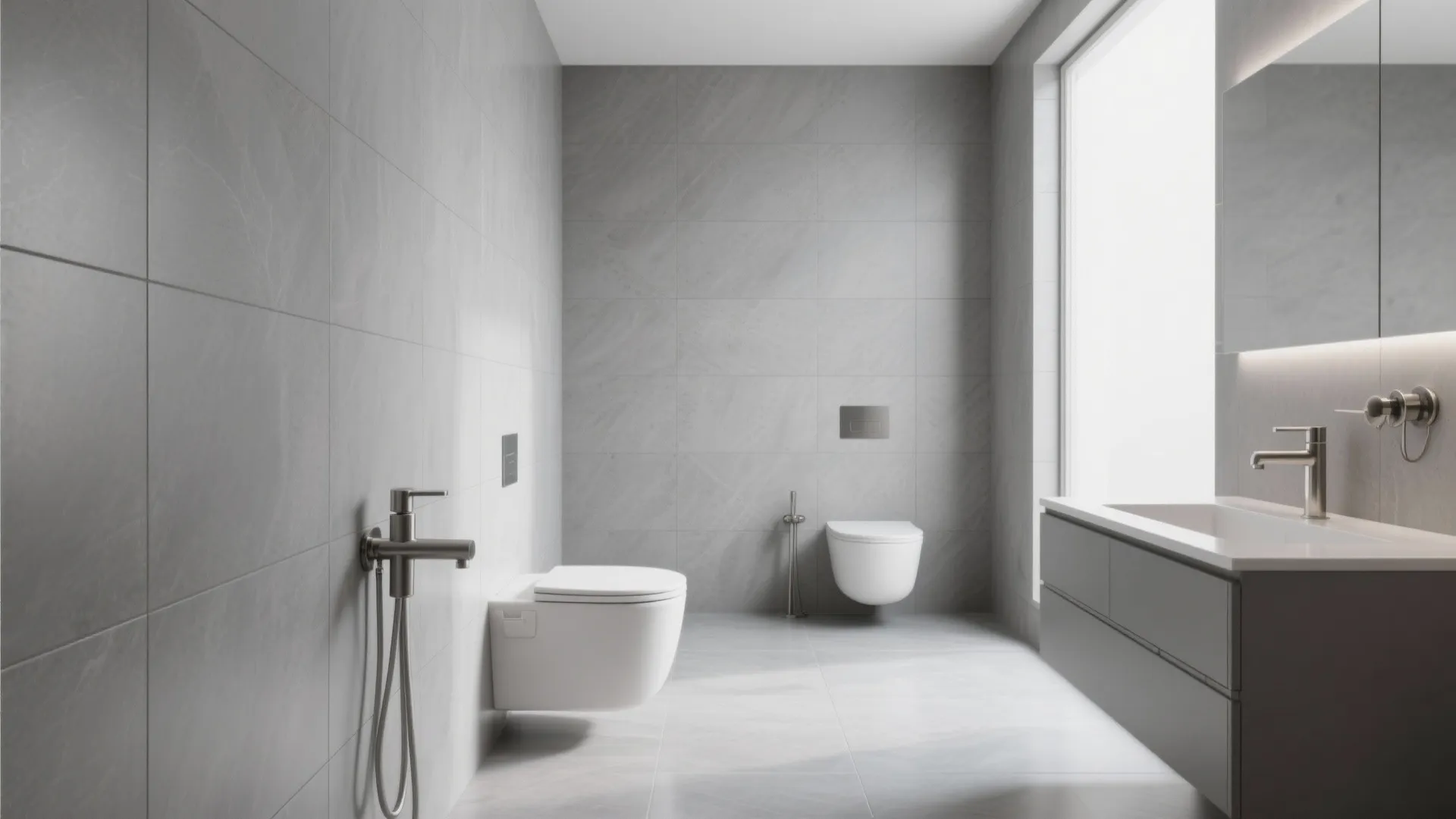Minimalist monochrome grey tiled bathroom with sleek fixtures