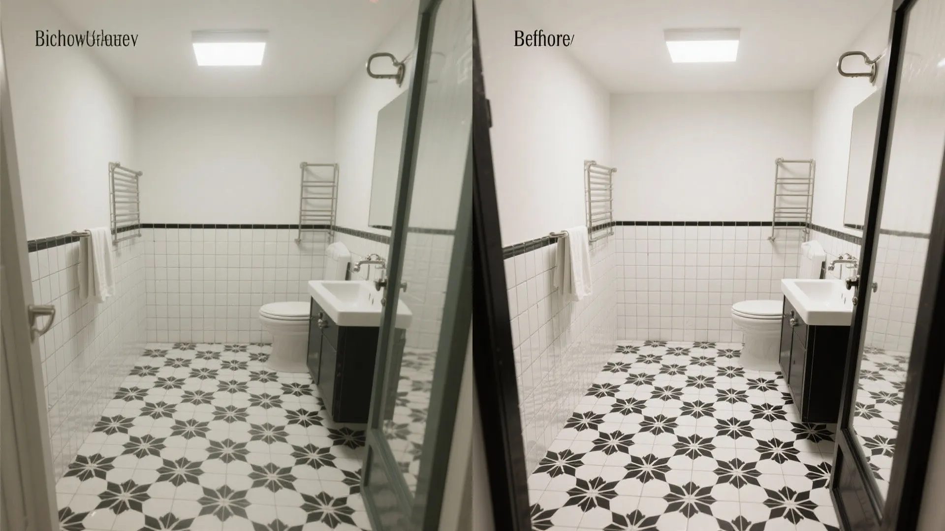 Before and after comparison of a bathroom showing a new black and white patterned floor tile