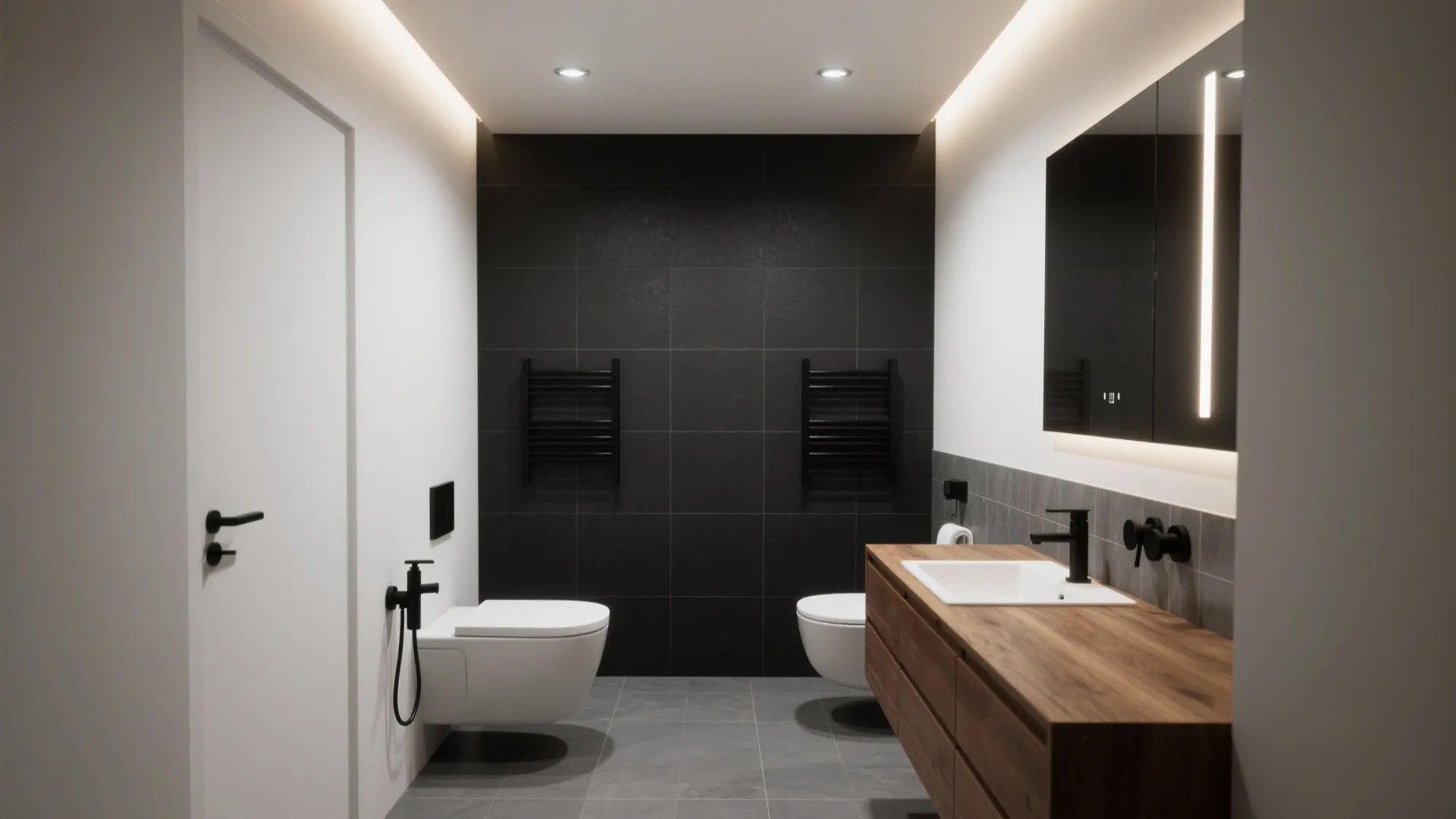 Black, White & Gray Bathroom Ideas — 5 Inspo: Stylish small-bathroom solutions using black, white, and gray contrasts