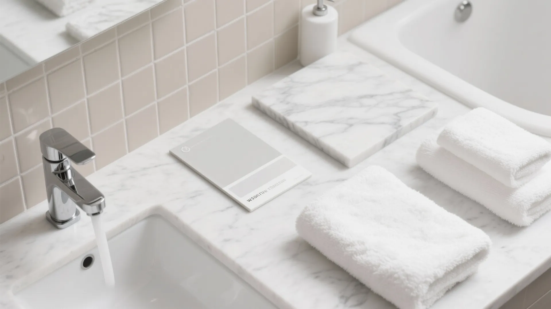 White marble bathroom countertop with running water, stacked white towels, and a grey color card