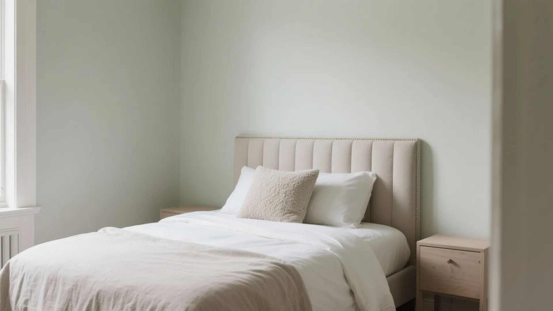 Minimalist bedroom with beige upholstered bed white bedding wooden side tables and light green walls