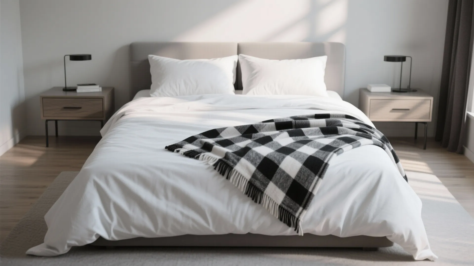 3. Monochrome Bedding with Plaid Throw