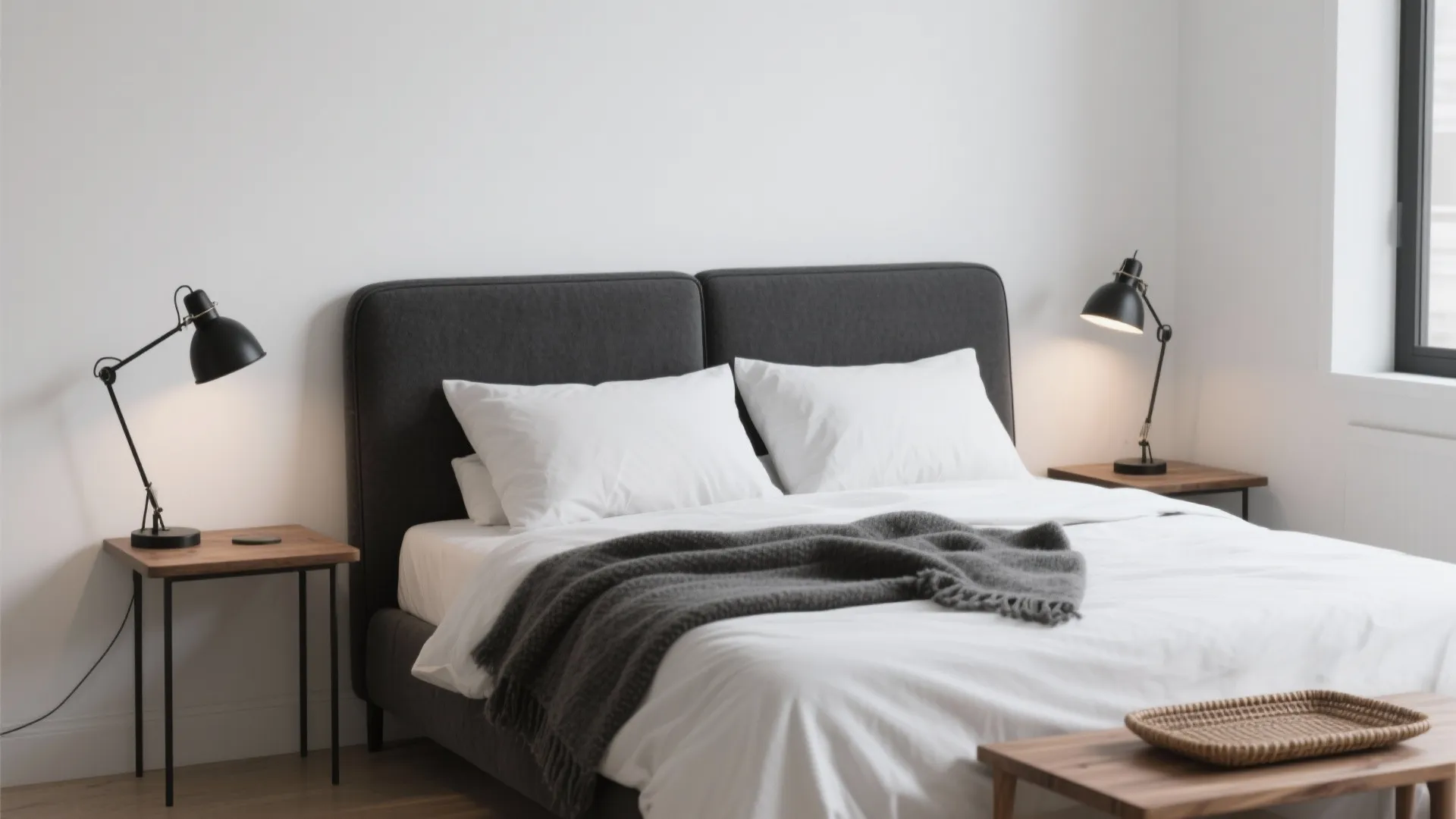 Modern bedroom featuring a dark grey bed white bedding black desk lamps and wooden tables