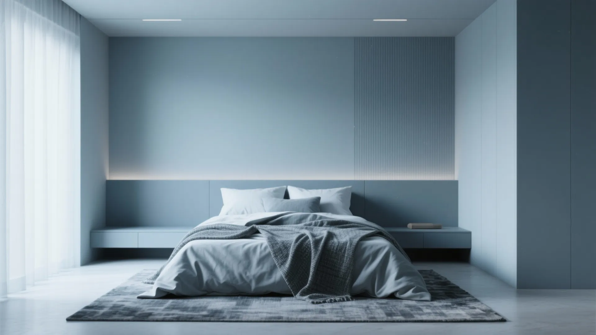 Bedroom with walls and ceiling painted the same muted grey-blue, textured bedding and rug to add depth.