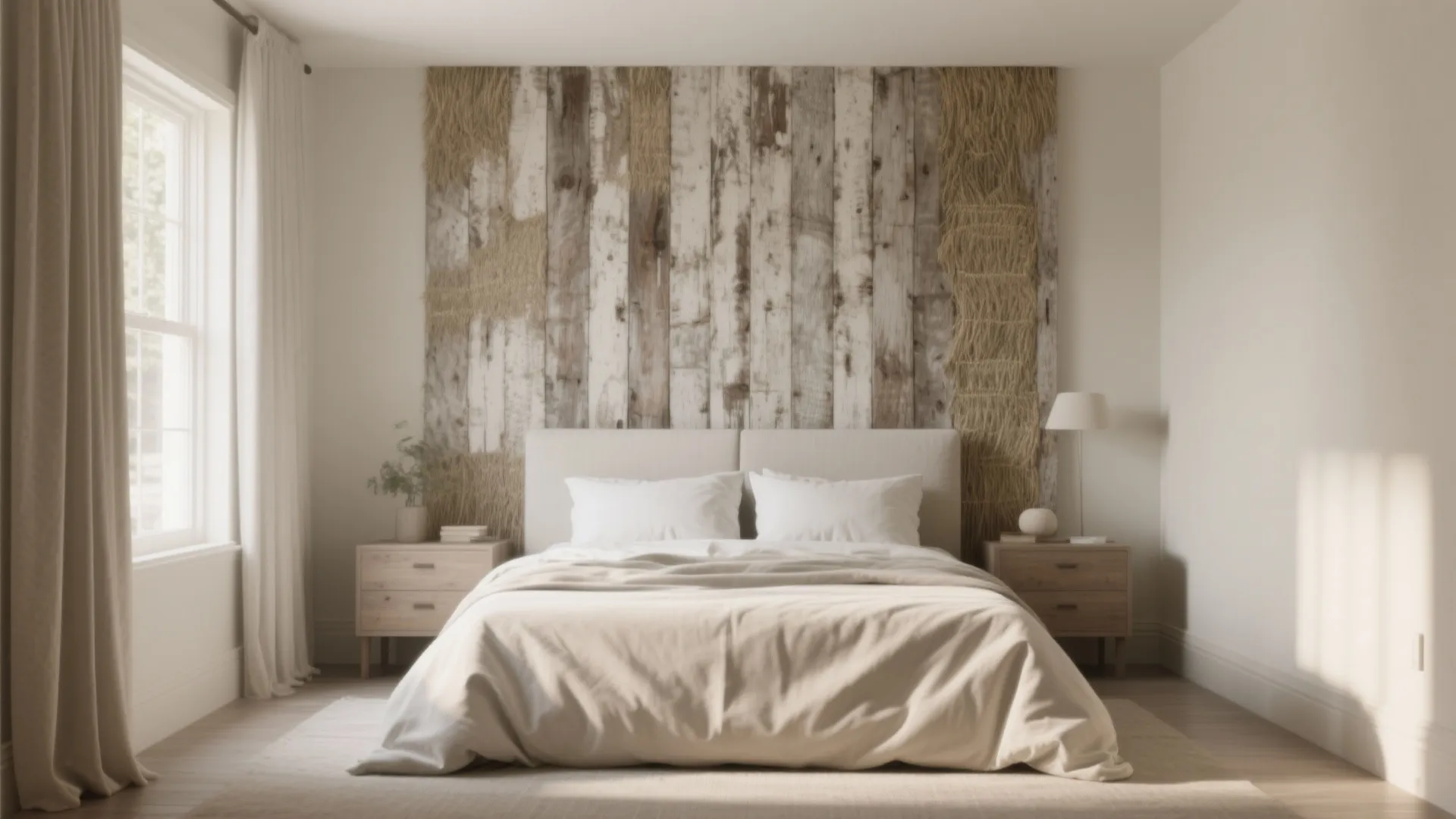 Serene monochrome bedroom in Magnolia tones with a textured reclaimed wood focal wall.