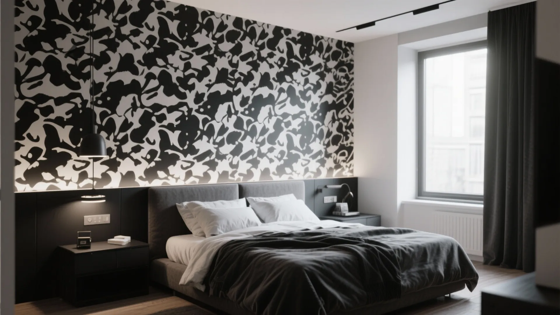 Modern bedroom with black white pattern wall panel grey bed dark curtain and ceiling light