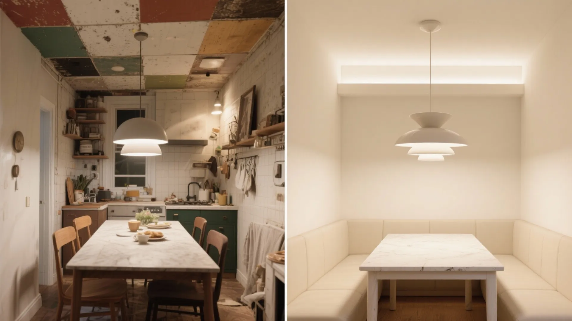 Before and after comparison of cluttered kitchen versus clean minimalist dining area with marble table