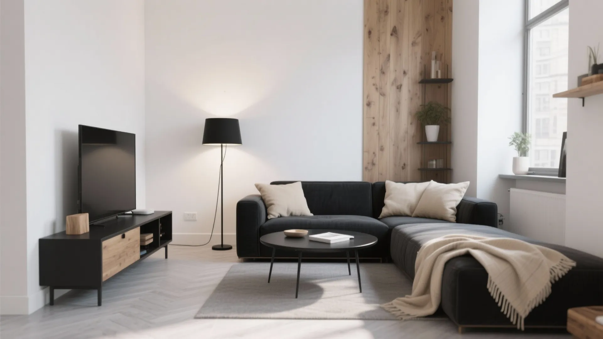 2. Monochrome base, beige accents for warmth