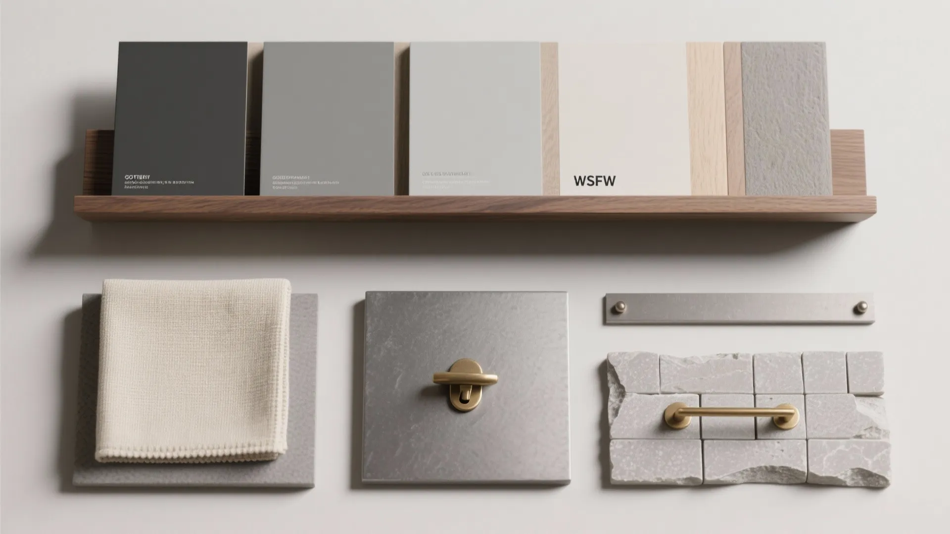 Interior design material board with grey color swatches fabric samples metal handles and stone tiles