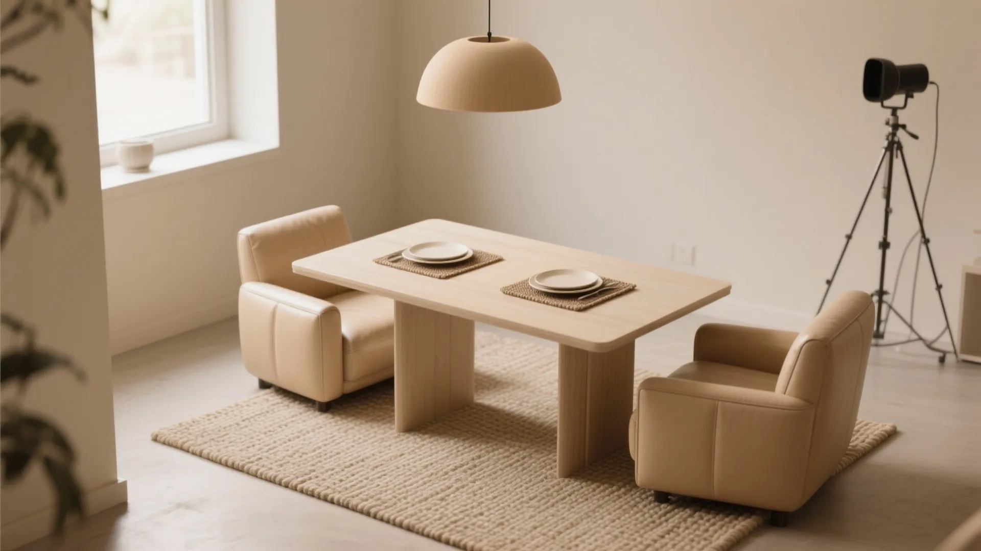 Minimalist beige room with wooden table two leather chairs round ceiling light and soft rug