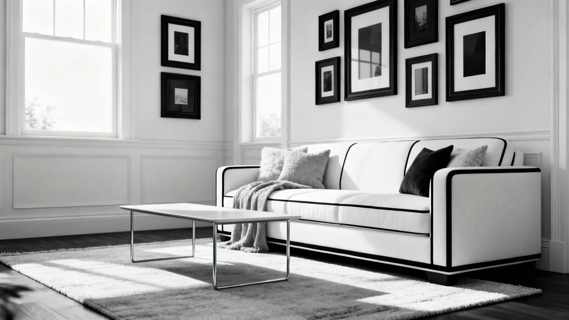 Black and white living room featuring a modern sofa coffee table rug and framed wall art