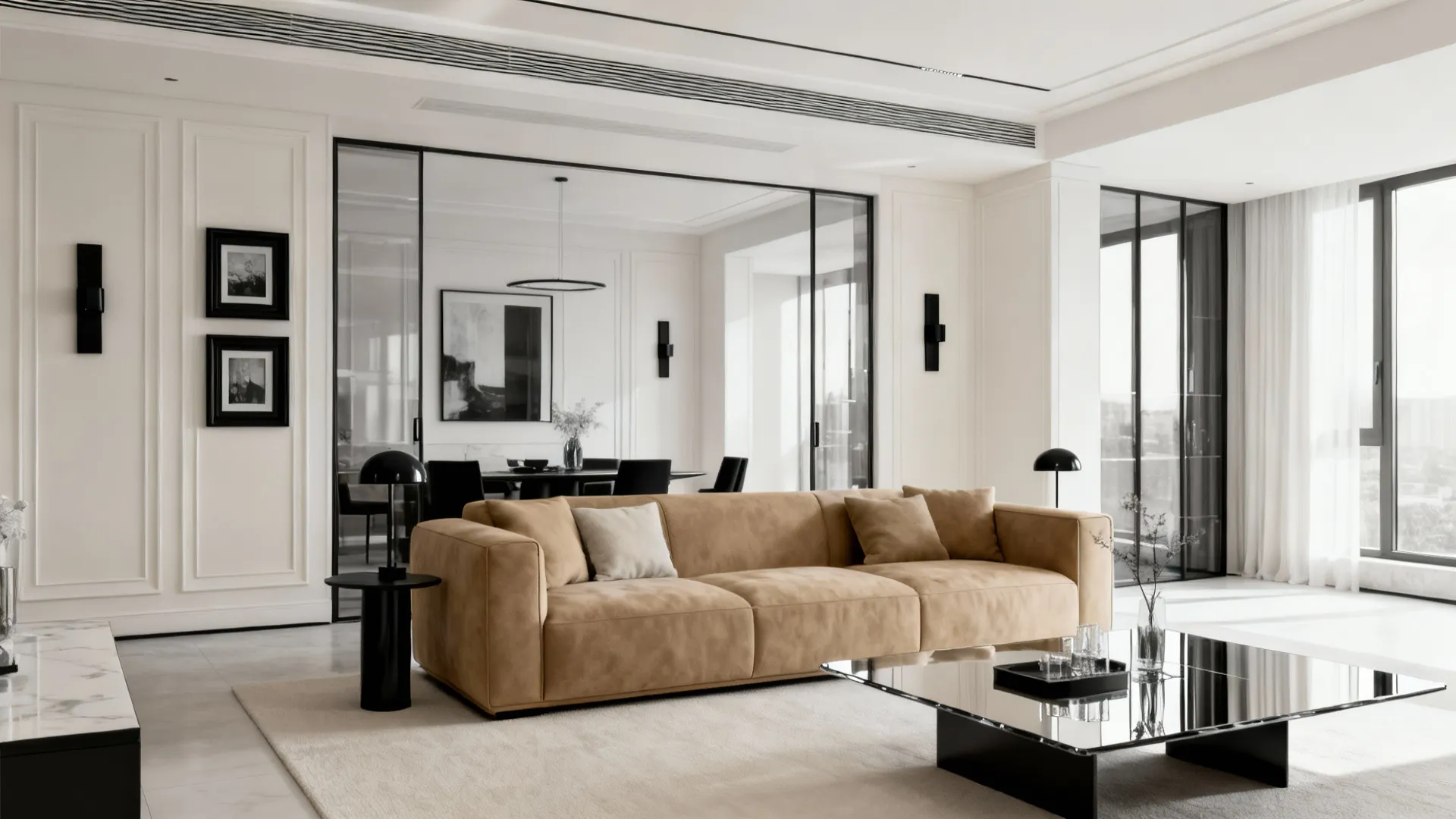 Layered beige living room with tan sofa and black accent details