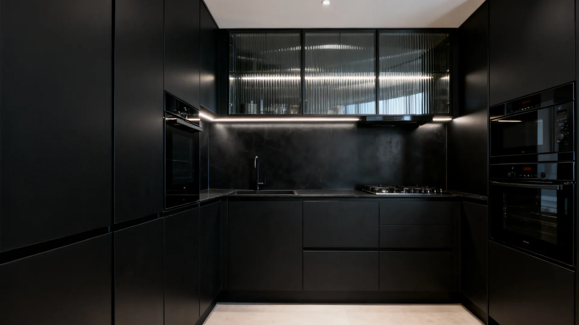 All-black compact kitchen mixing matte cabinets, satin appliances, and a reflective backsplash with ribbed glass.