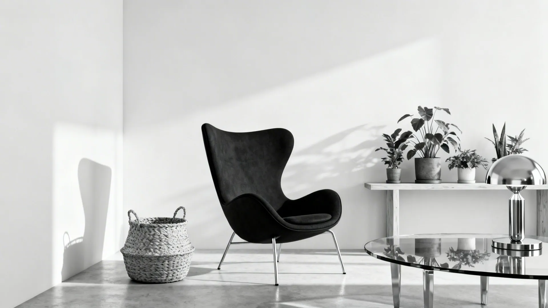 Monochrome living room anchored by a black accent chair with light woven and plant details.
