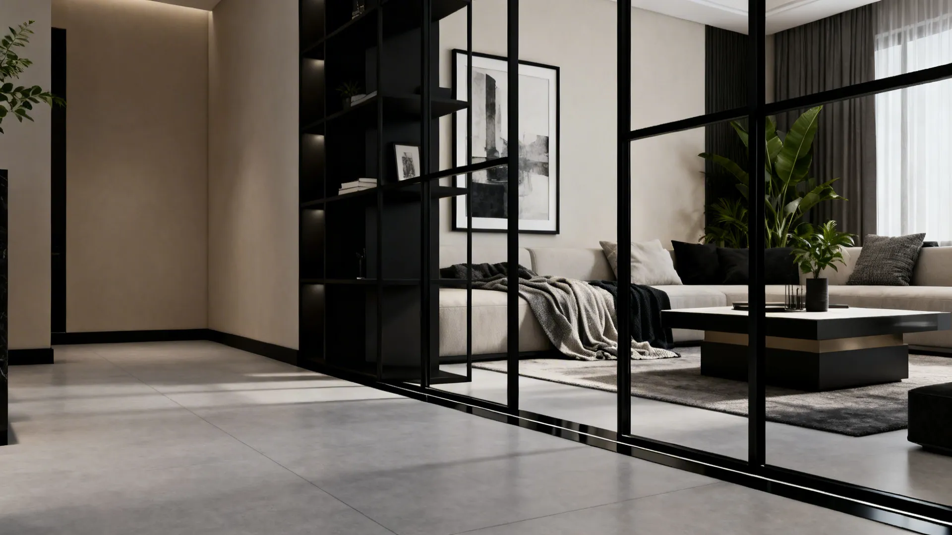 Modern living room viewed through a black glass frame with beige sofa and coffee table