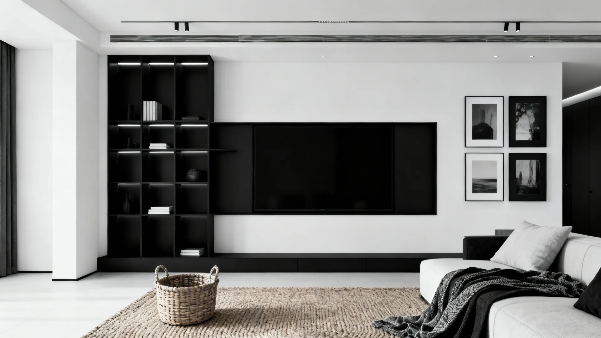 Modern black-and-white living room with matte black details and natural woven textures.