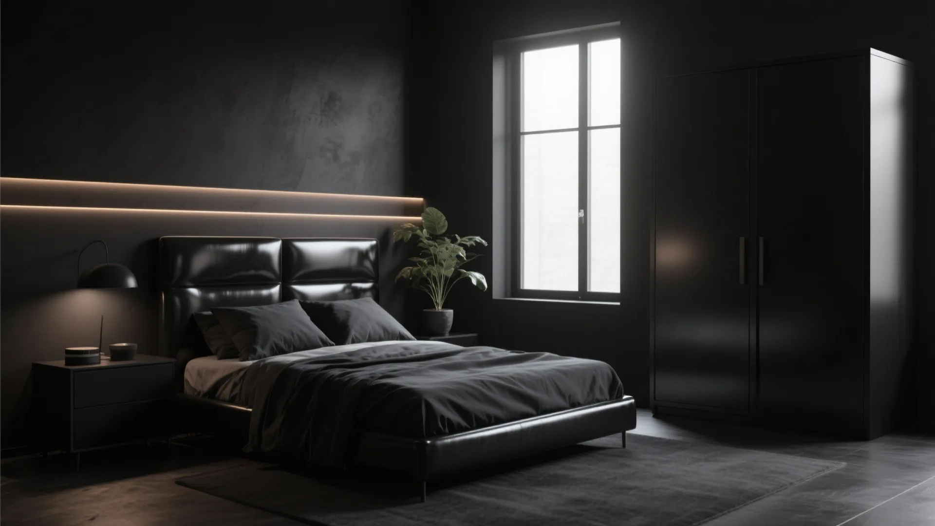 Monochrome bedroom with varied black finishes and warm lighting
