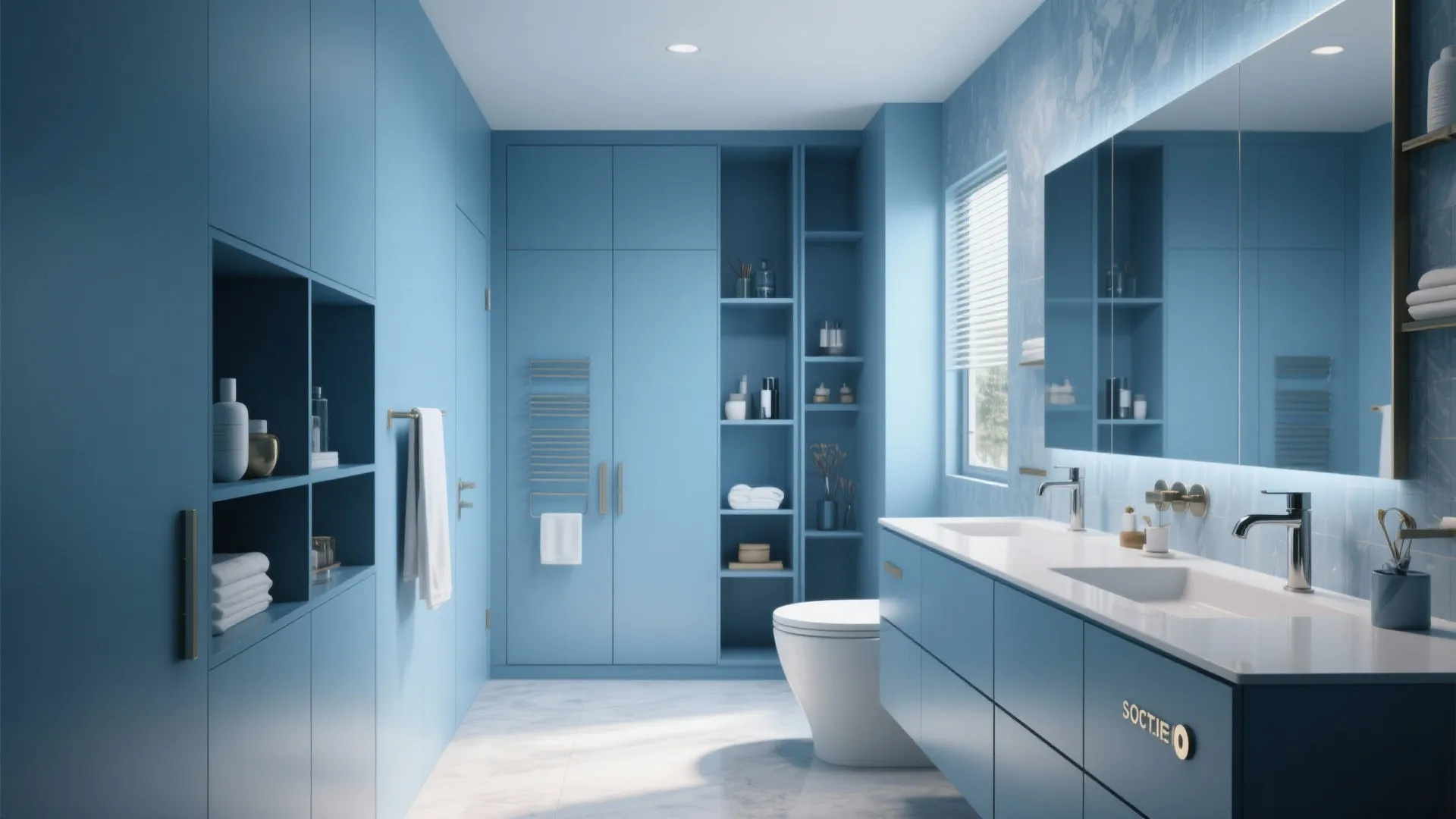 Bathroom with layered blue shades on walls and cabinets
