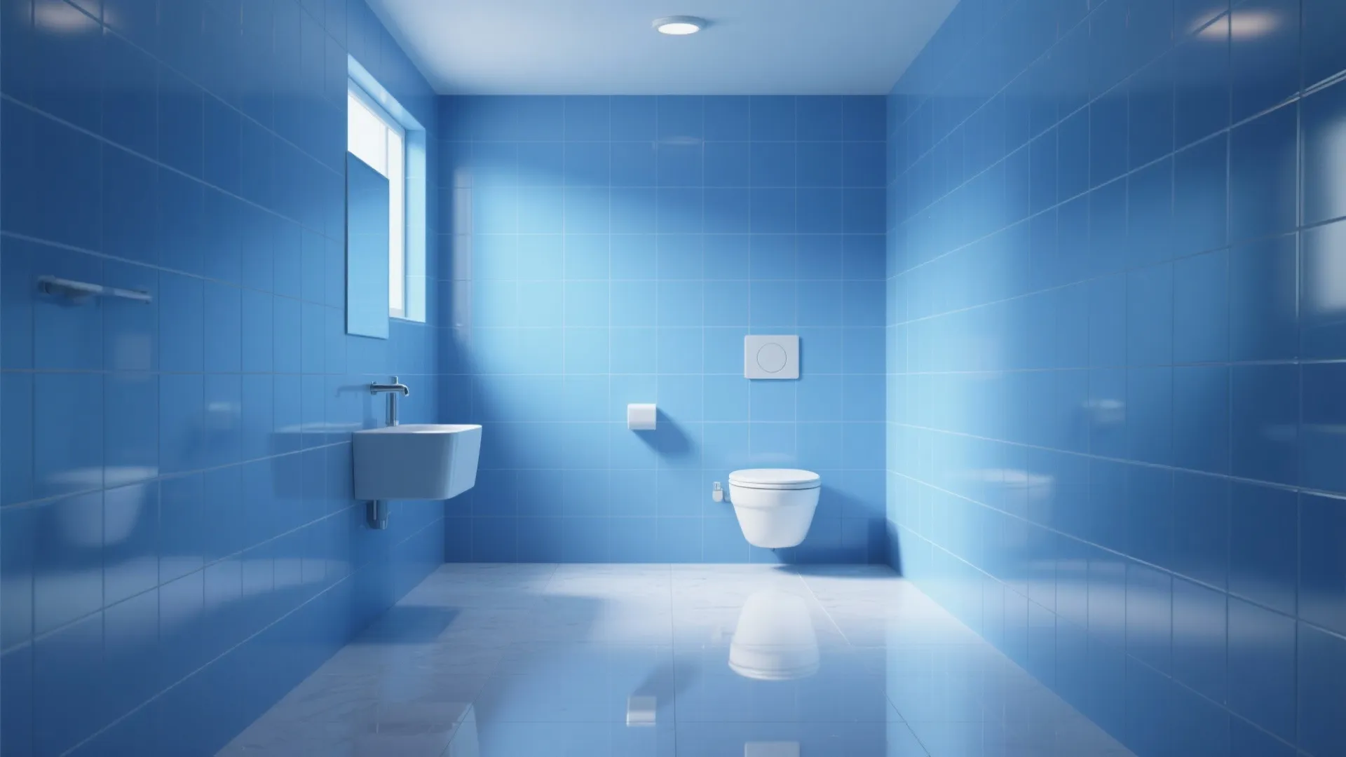 Minimalist bathroom with blue wall tiles white toilet white sink and shiny white floor tiles