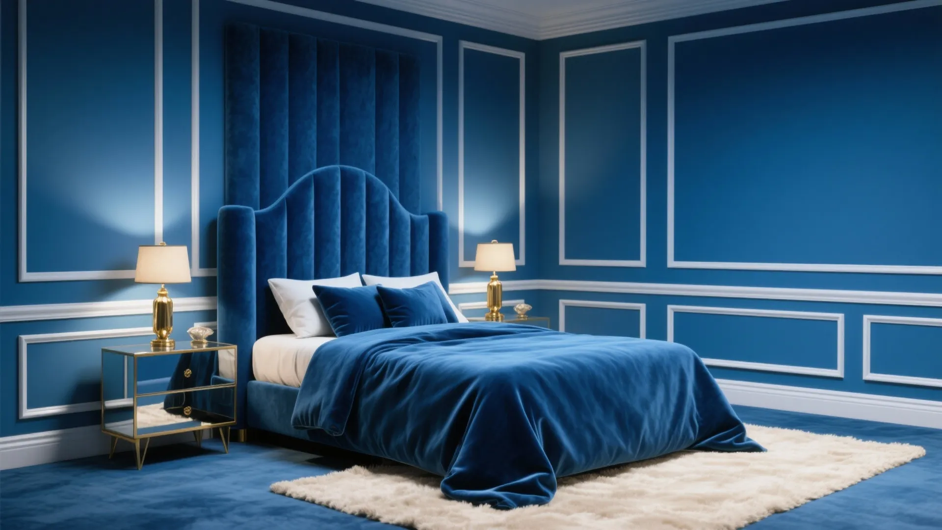 Monochrome blue bedroom with varied velvet tones, brass lamps and a mirrored side table for balance.