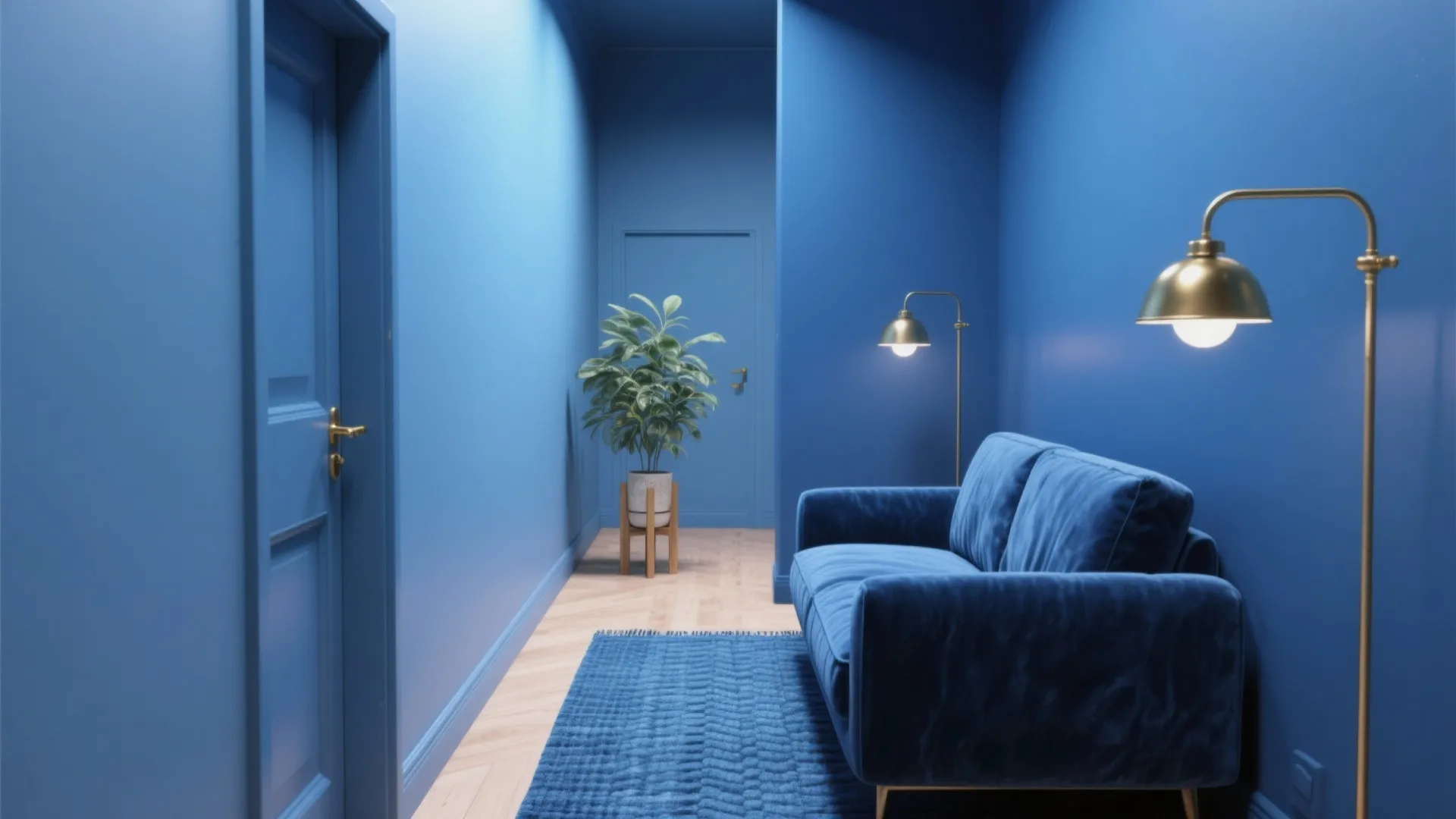 Monochrome blue living space layered with velvet, woven textures and brass details with wood accents.