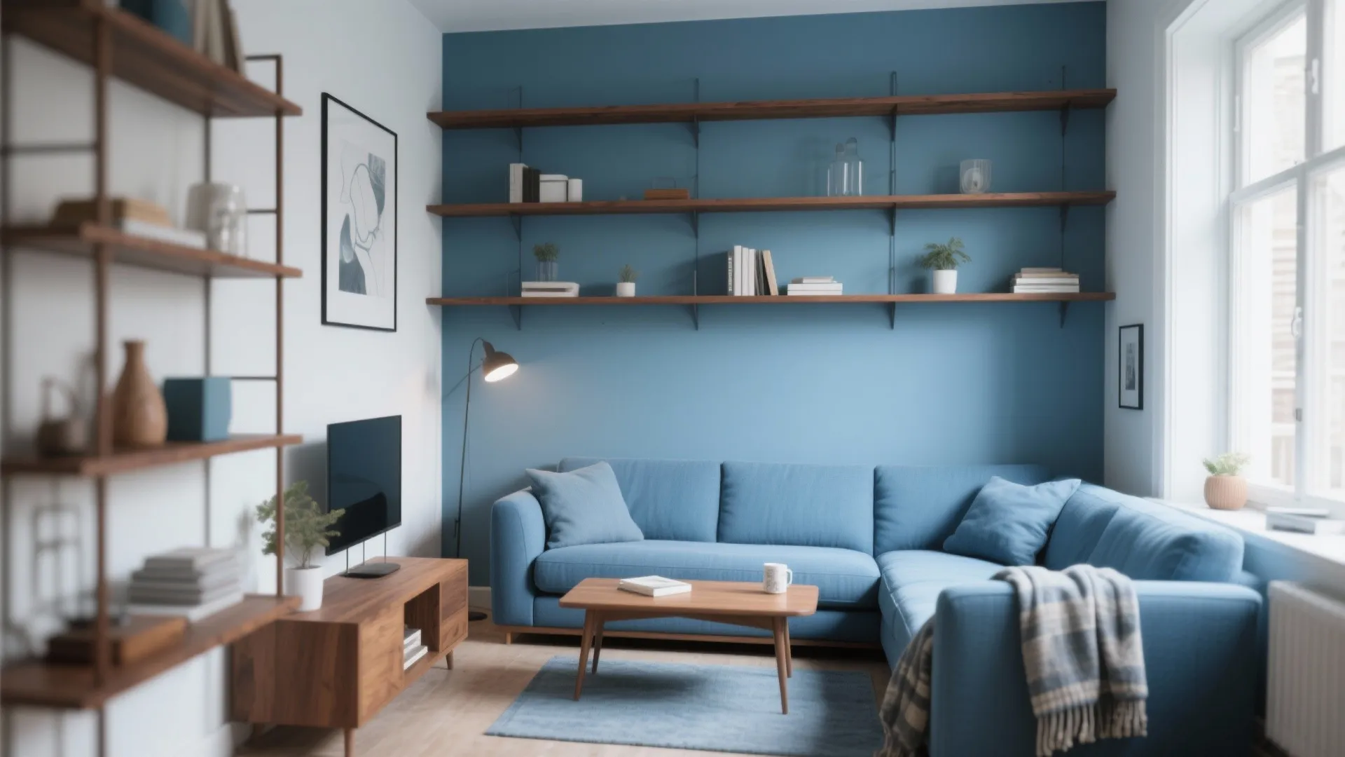Modern blue living room with a fabric sofa, wooden coffee table, wall shelves, and lamp