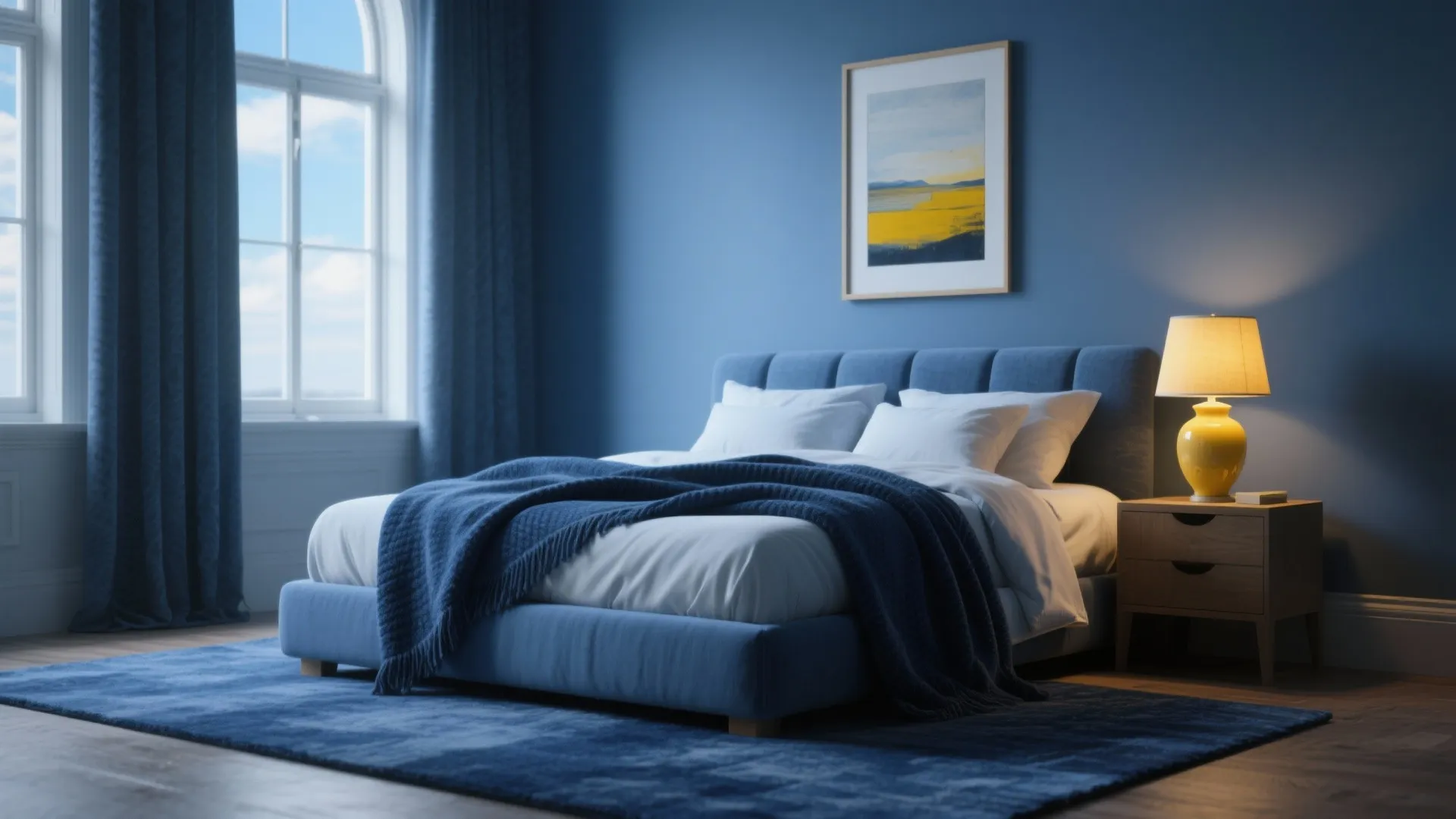 Blue bedroom with blue bed blue rug blue curtains framed wall art and yellow lamp