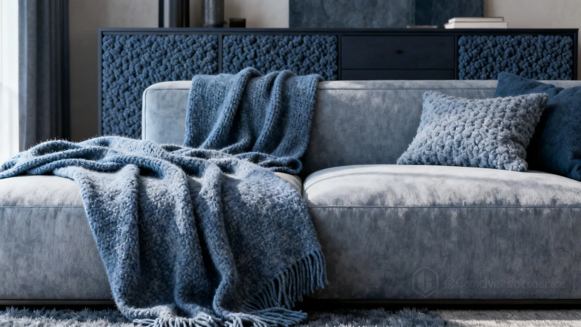 Blue sofa with a knit blanket, matching blue pillows, and a textured blue storage cabinet