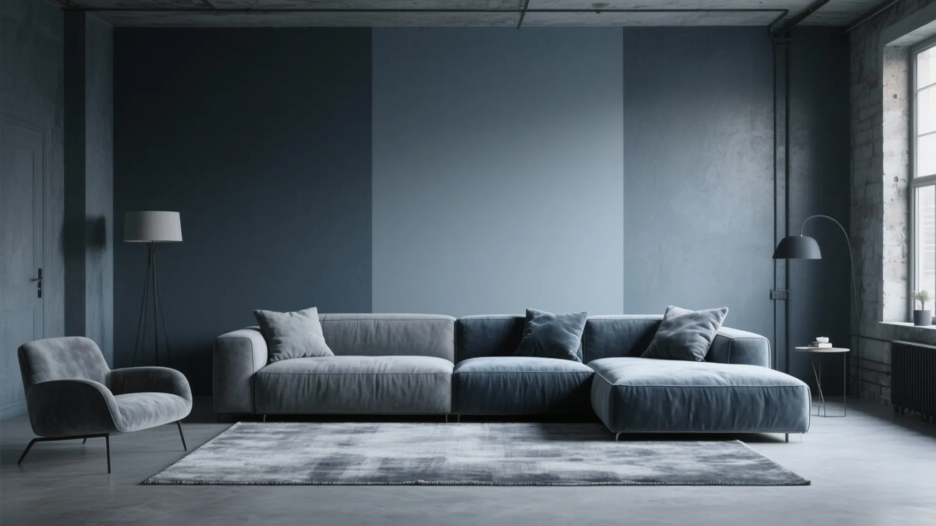 Modern blue living room with large sofa grey armchair floor lamps and dark blue walls