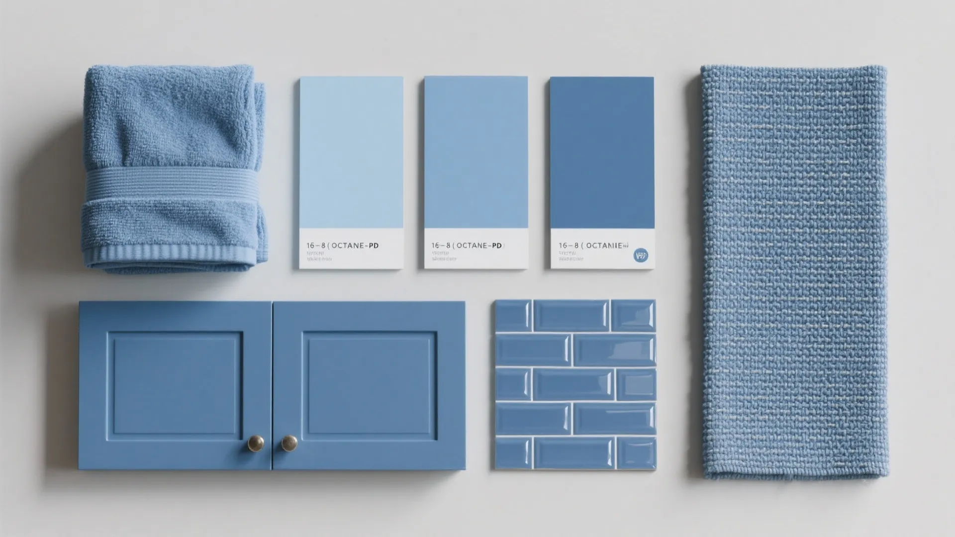 Blue mood board with paint swatches fabric towels wall tiles and wooden cabinet door samples display
