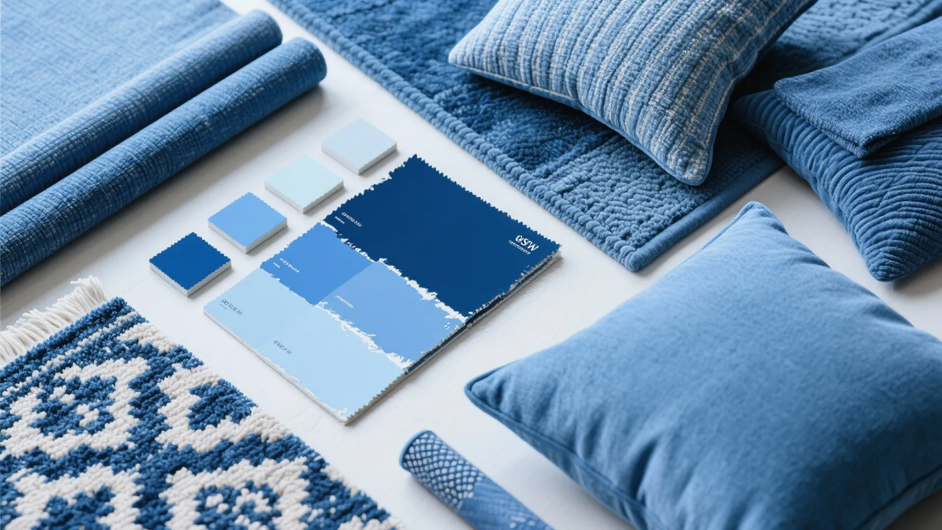 Blue interior design samples including color swatches pillows rugs and fabric on a white floor
