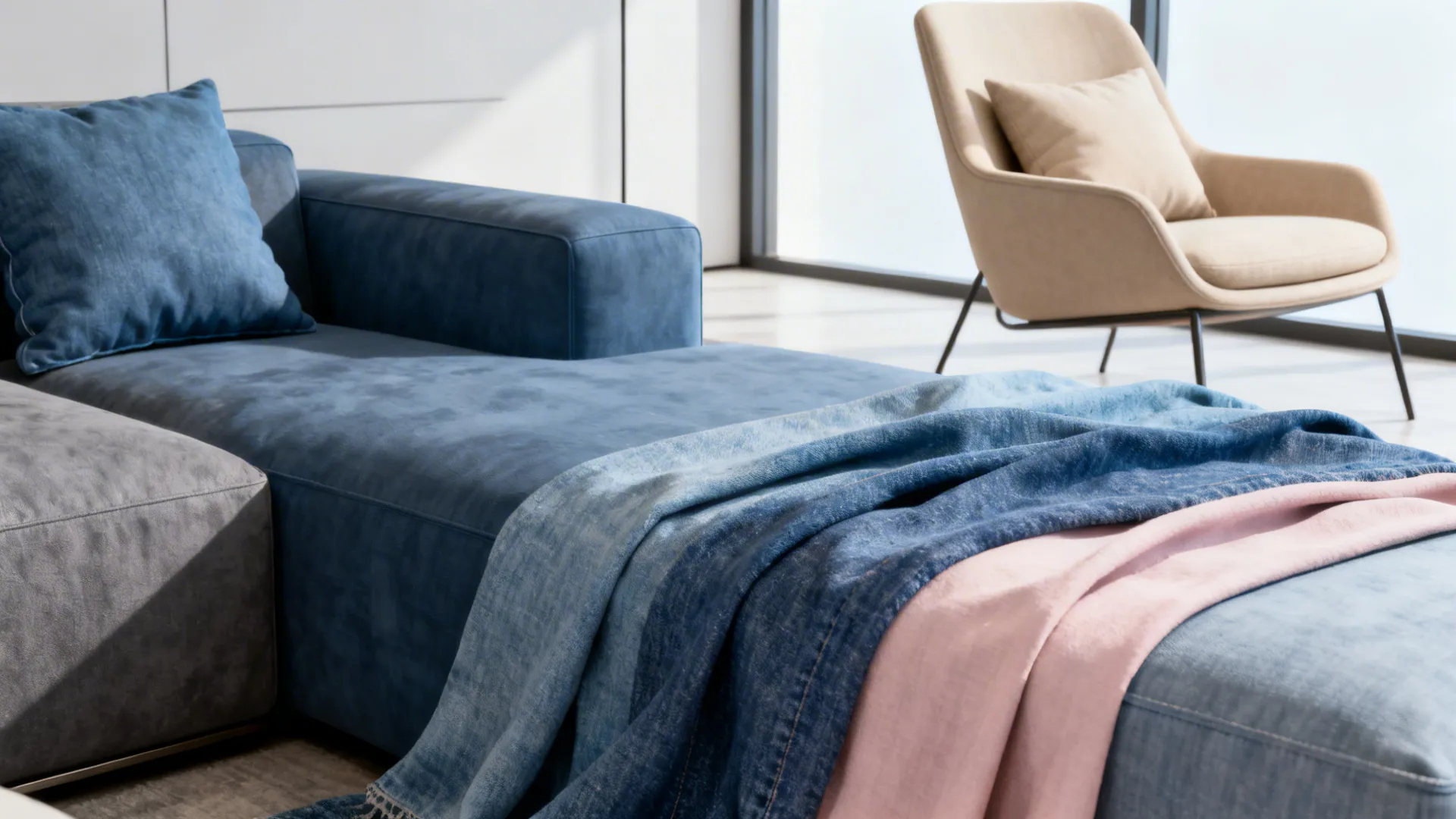 Modern living room with layered blues and beige accents for contrast and warmth.