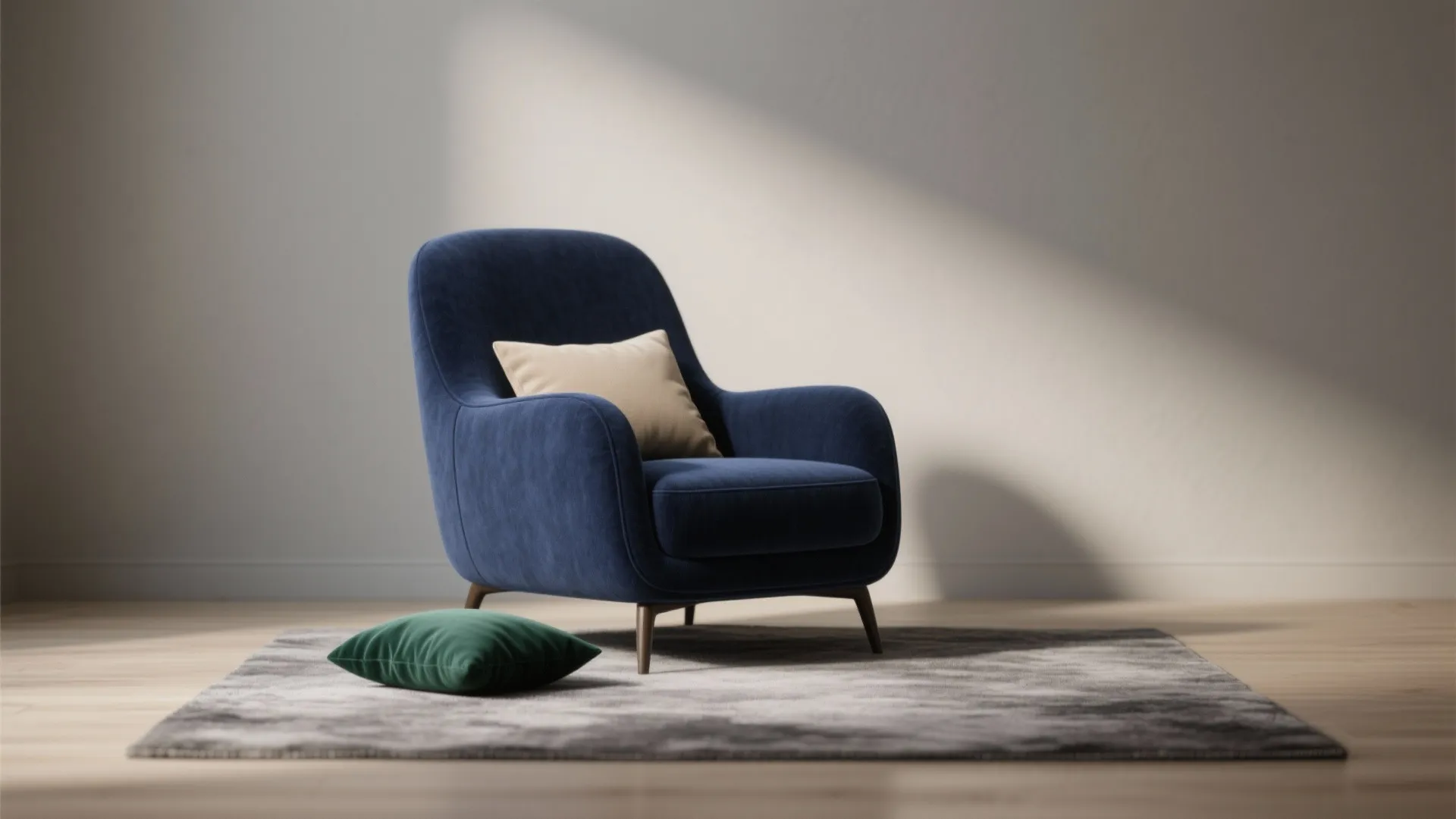 Elegant blue armchair with cream pillow placed on grey rug in a simple minimalist room