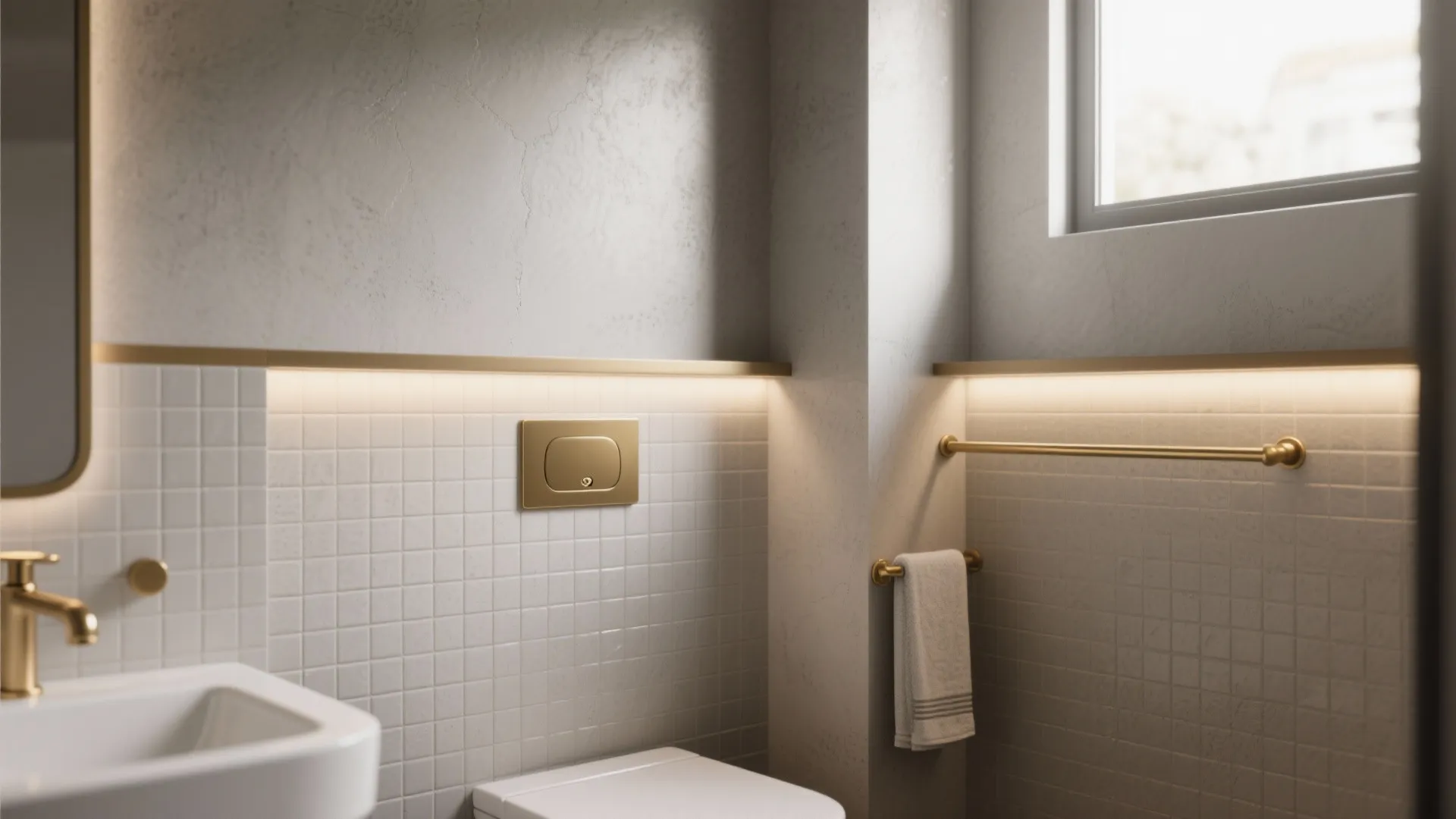 Small bathroom with a tonal gray palette and brass faucet accent, textured tiles and mixed matte/gloss finishes.