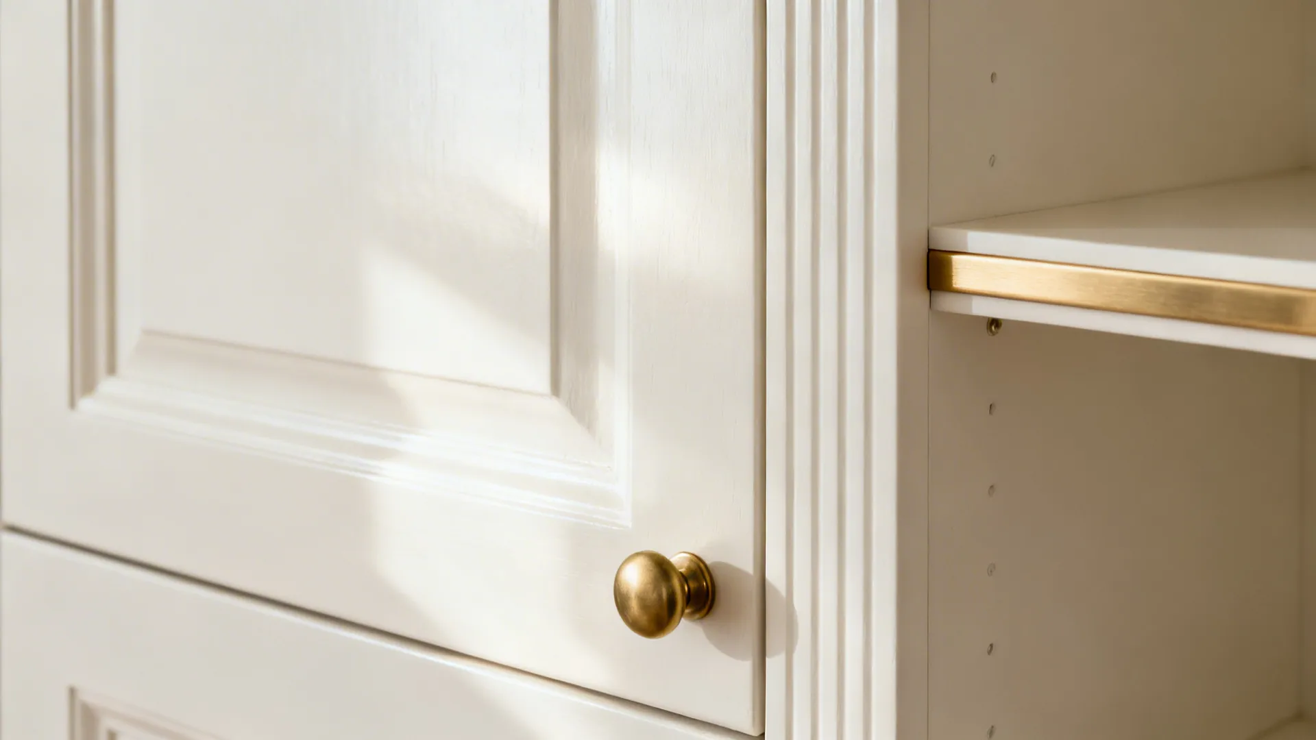 Macro view of warm white cabinetry with satin brass knob and slim brass gallery rail.